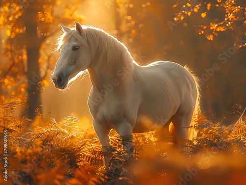 Enchanting Forest Scene with Radiant Sunset Horse