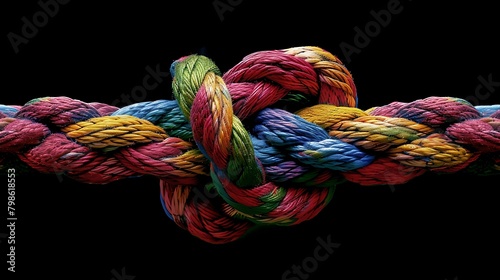 A colorful rope with two colored knotted ends, each knot holding onto the other's end, symbolizing strength and unity on a dark background.