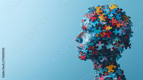 Person's face on blue background, consisting of multi-colored puzzle elements.