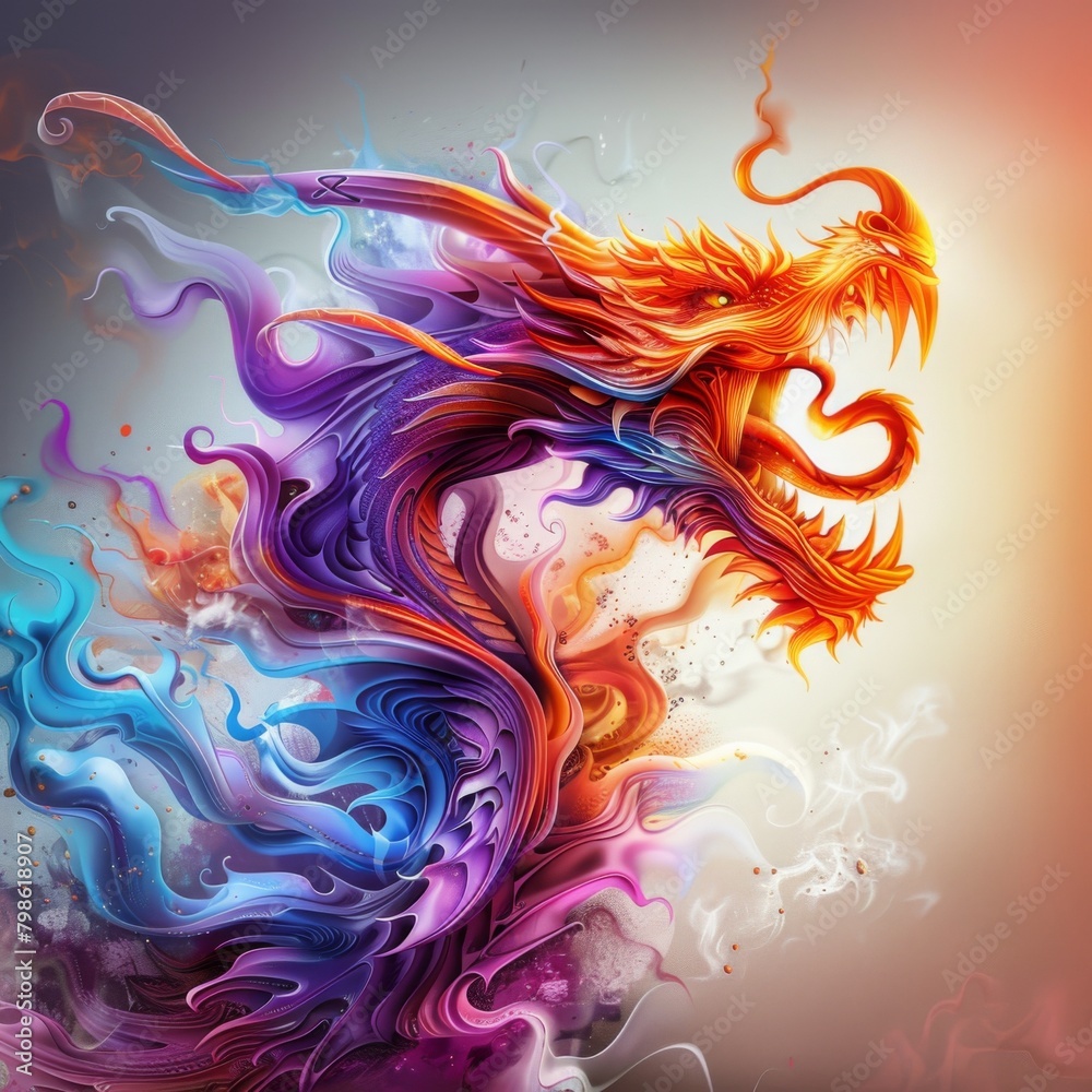 A colorful dragon with a mouth open and smoke coming out of it. The dragon is surrounded by a purple, blue, and orange swirl A colorful dragon with a mouth open and smoke coming out of it. The dragon is surrounded by a purple, blue, and orange swirl