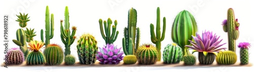 A row of cacti with some purple flowers. The cacti are of different sizes and colors