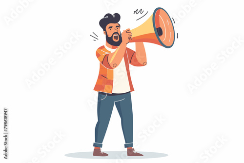 A flat vector illustration of a young man talking into a loudspeaker megaphone