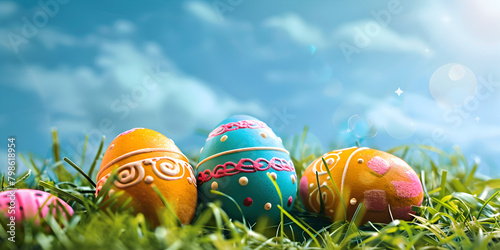 Beautiful background for Easter egg hunt advertising .Easter eggs in green grass with flowers on blue sky background.