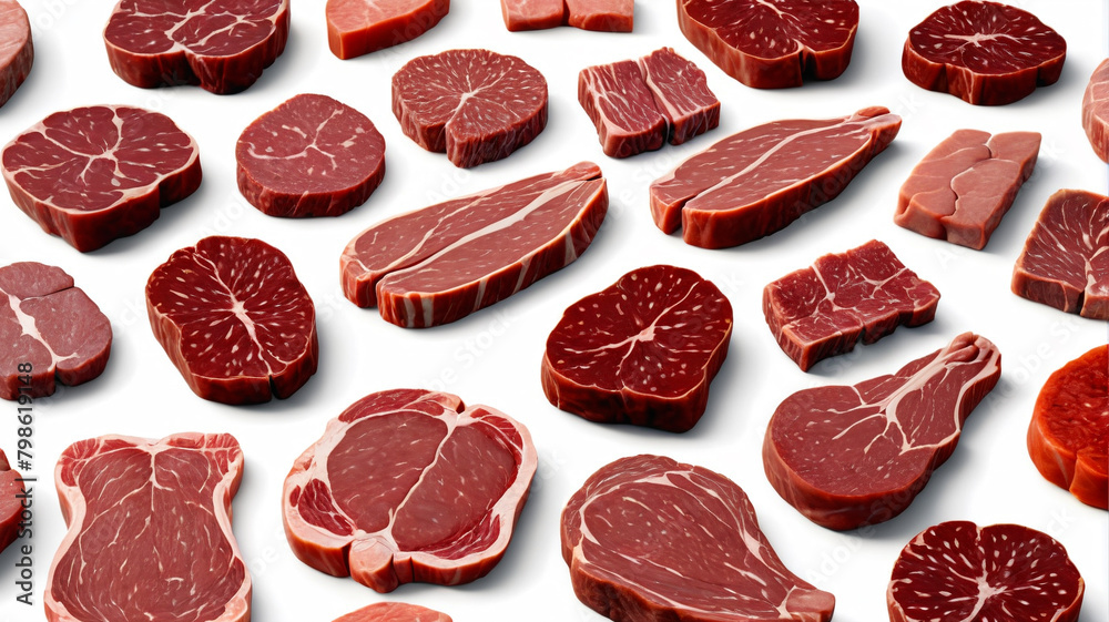 Meat arranged neatly, top view, perfect meat pieces for online promotion. Generative AI.

