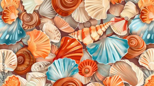 A beautiful boho vector art abstract soft illustration wall art print full pattern overlaying wonderful variety sea shells close up