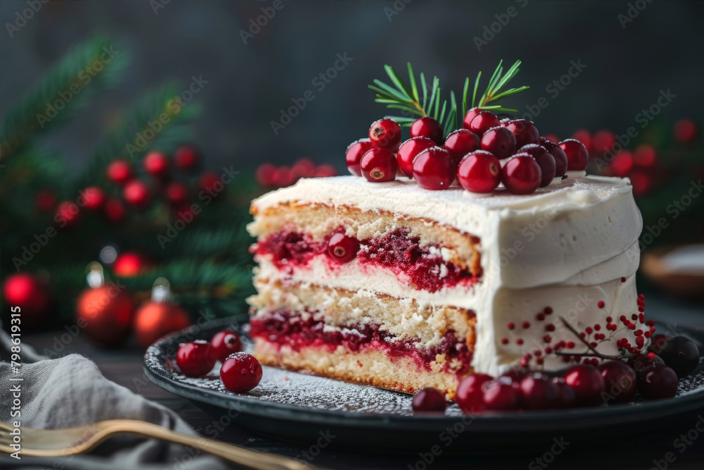 Classic Christmas cake on holiday dark background. New year, Christmas home party traditional dessert concept. For banner, card, munu, with place for text. Classic Christmas cake on holiday dark background. New year, Christmas home party traditional dessert concept. For banner, card, munu, with place for text.
