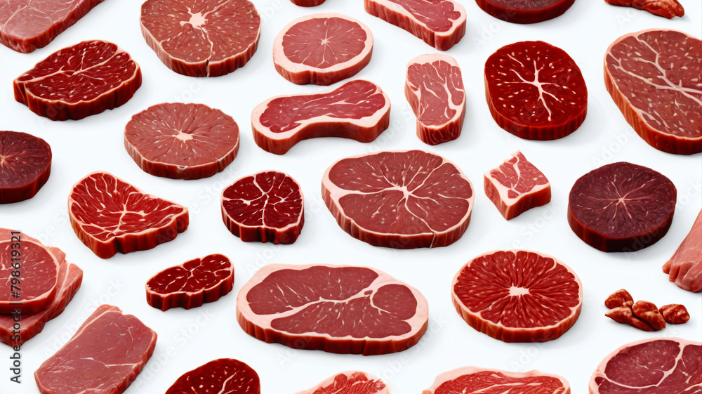 Meat arranged neatly, top view, perfect meat pieces for online promotion. Generative AI.
Meat arranged neatly, top view, perfect meat pieces for online promotion. Generative AI.
