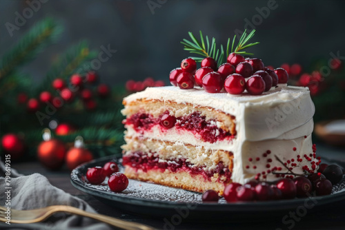 Classic Christmas cake on holiday dark background. New year  Christmas home party  traditional dessert concept. For banner  card  munu  with place for text.