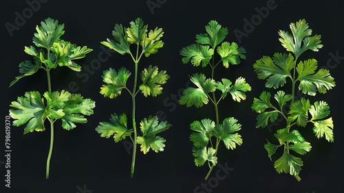  Set of realistic vector illustration of green curly haired coriander leaves on black background photo