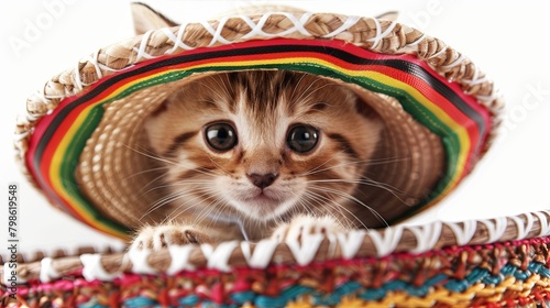 Cute kitten peeking from a colorful sombrero hat