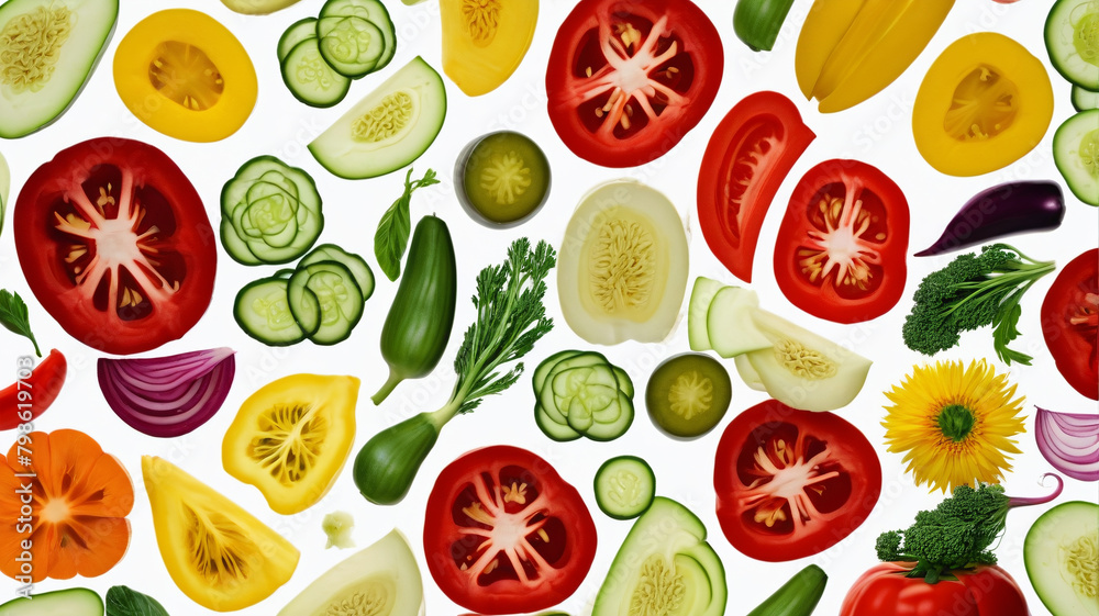 Sliced fruit pieces on a white background, top view, business promotion. Generative AI.
Sliced fruit pieces on a white background, top view, business promotion. Generative AI.