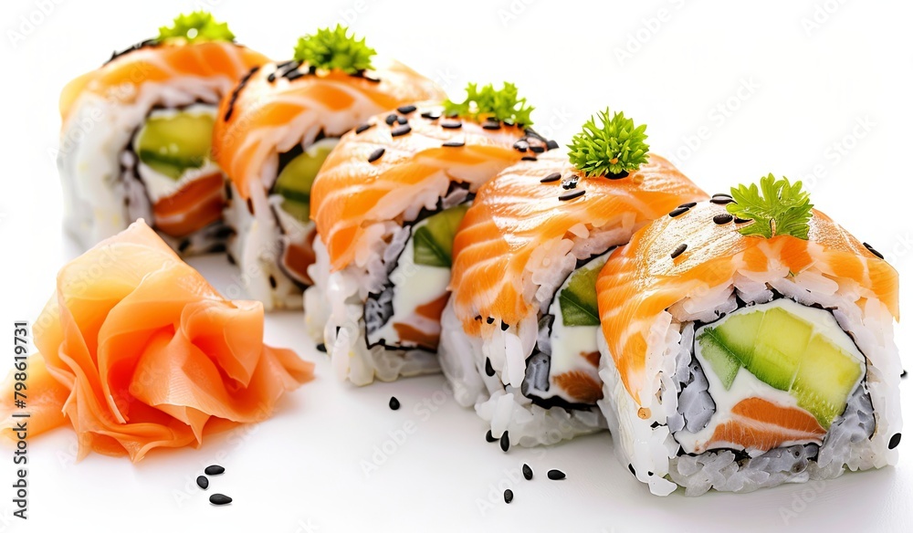 Delectable sushi rolls with fresh salmon, cucumber, and creamy cheese Delectable sushi rolls with fresh salmon, cucumber, and creamy cheese