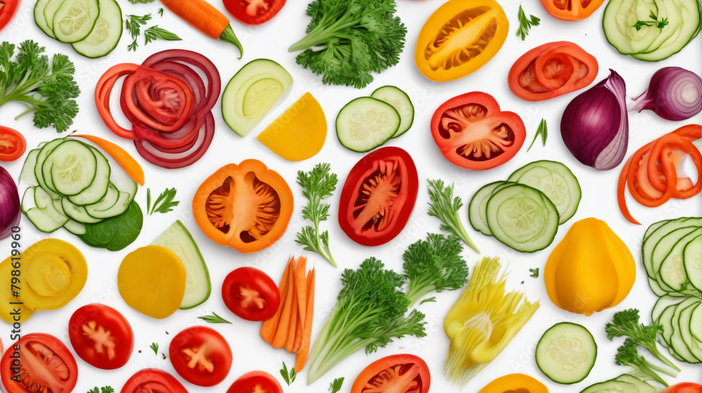 Sliced fruit pieces on a white background, top view, business promotion. Generative AI.
Sliced fruit pieces on a white background, top view, business promotion. Generative AI.