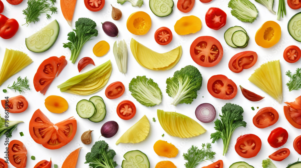 Sliced fruit pieces on a white background, top view, business promotion. Generative AI.
Sliced fruit pieces on a white background, top view, business promotion. Generative AI.