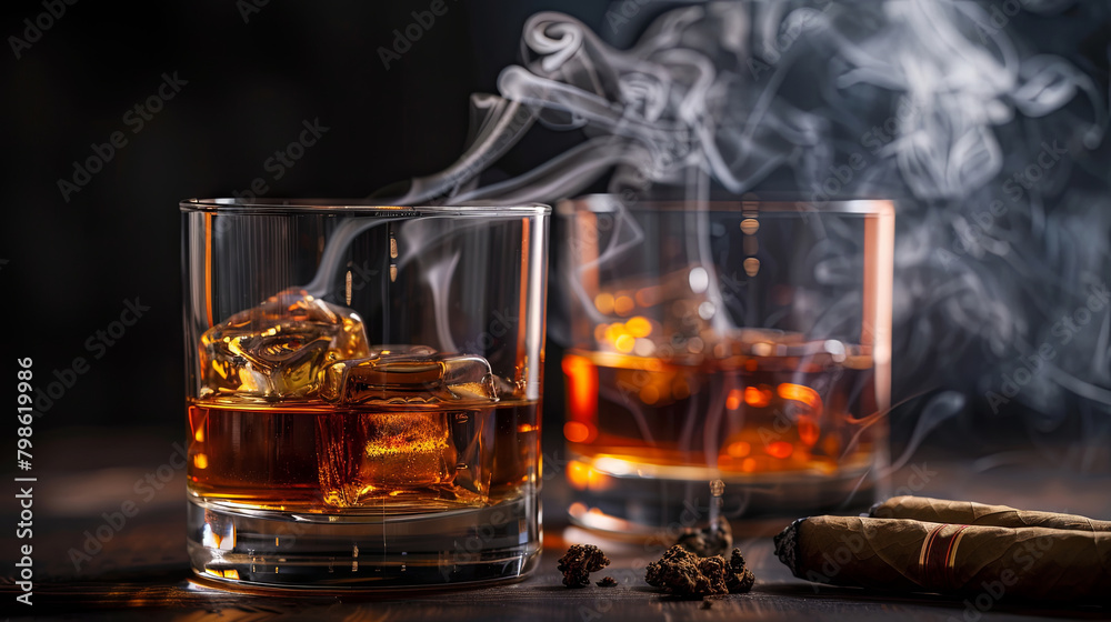 Elegant whiskey glasses with ice and cigar on wooden background