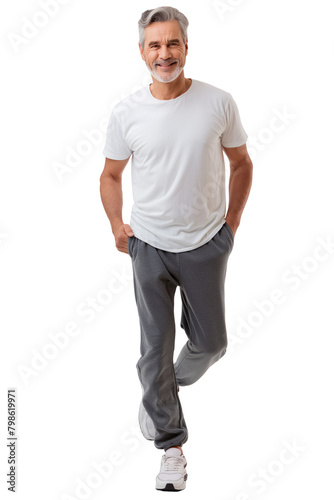 Relaxed Mature Man in White T-shirt and Grey Trousers