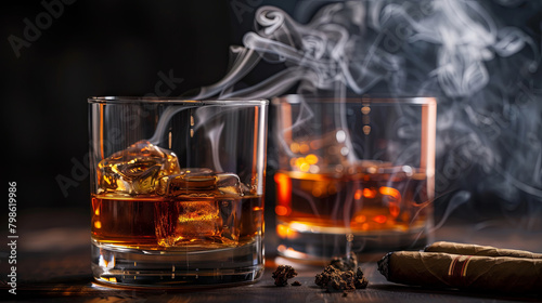 Elegant whiskey glasses with ice and cigar on wooden background