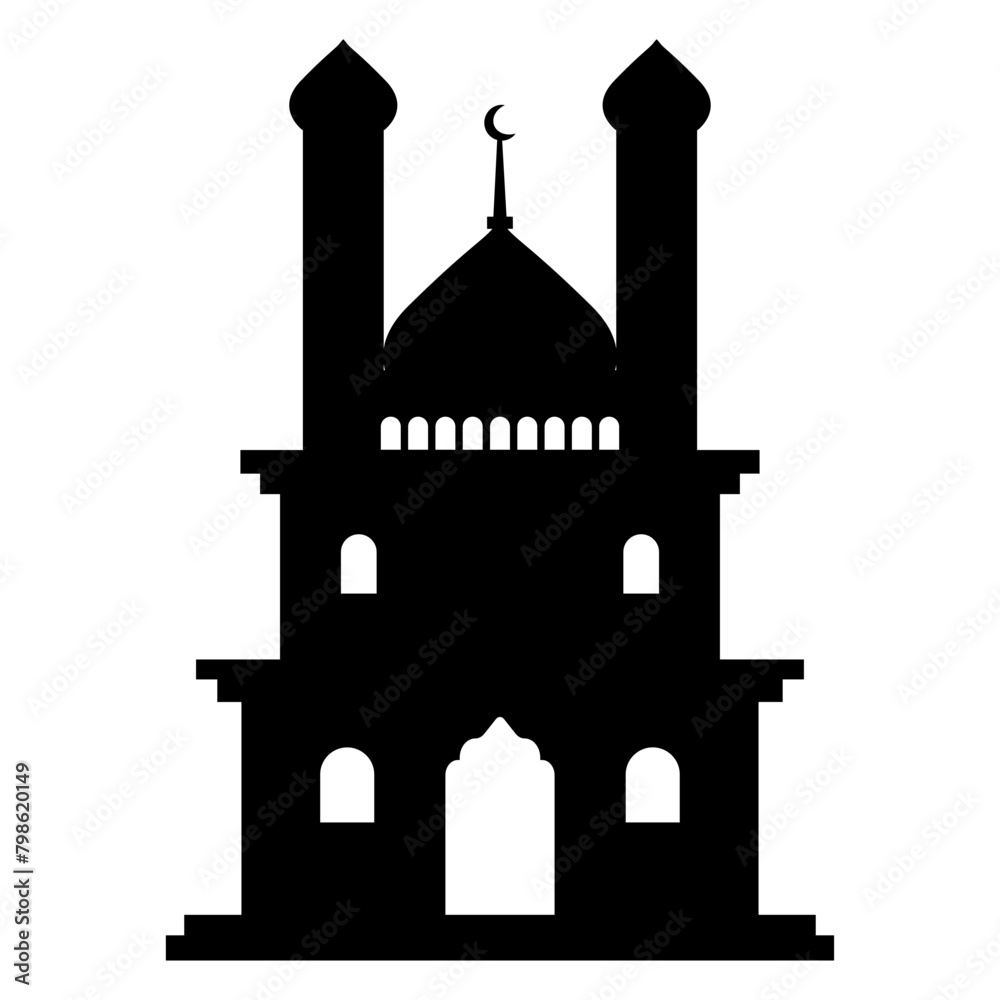 Isolated Black Silhouette of Mosque. Eid Mubarak. Vector Illustration on White Background.