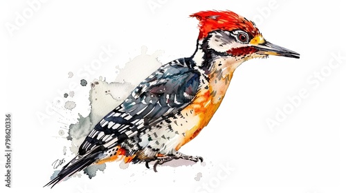 Colorful watercolor painting of a vibrant woodpecker on a white background