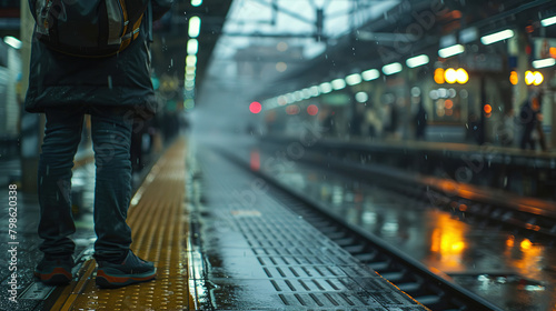 train station , low angle view man waiting in for train , rain time image 