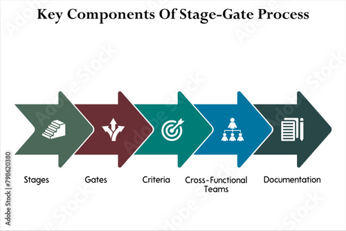 five Key Components of stage-gate process. Infographic template with icons and description placeholder
