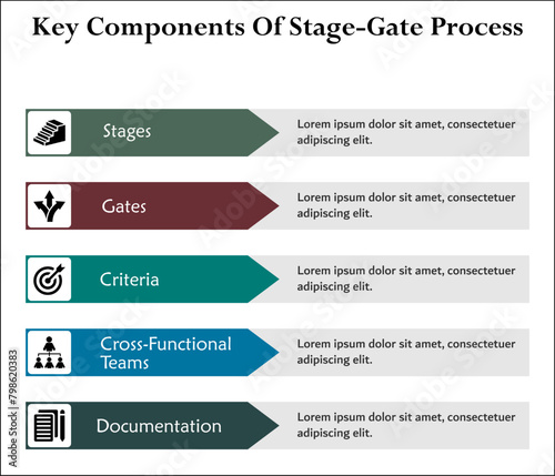 five Key Components of stage-gate process. Infographic template with icons and description placeholder