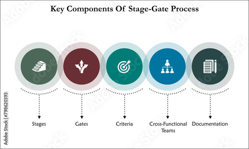 five Key Components of stage-gate process. Infographic template with icons and description placeholder