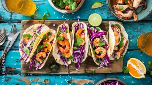 Colorful shrimp tacos on rustic blue table Cinco De Mayo