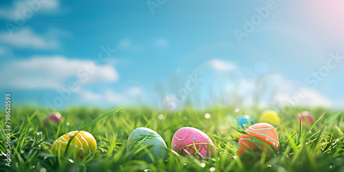 3d render of Easter eggs on grass field with sky background Colorful Easter eggs in grass.