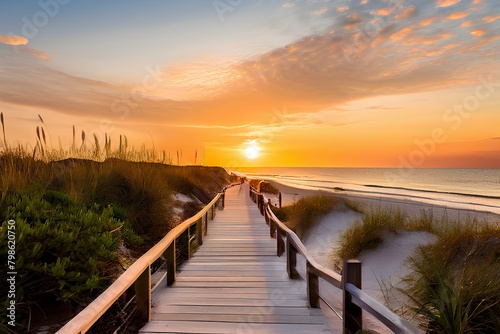 Long boardwalk leading to the white sand beach and ocean water at sunset with few shrubs on sides.