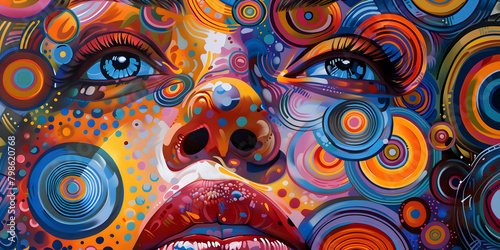 Colorful fantasy portrait with red lips and glass eyeshadow, composite .