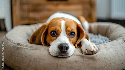 Adorable beagle resting in cozy dog bed at home