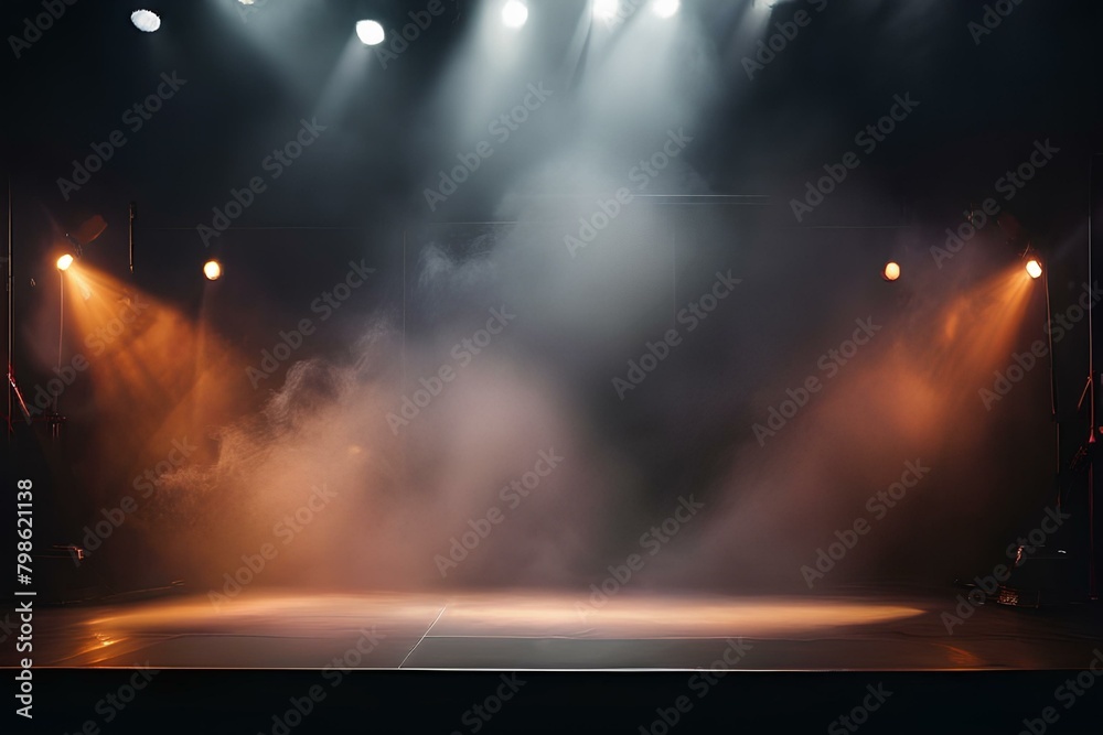 Empty stage with spotlights and smoke banner background with copy space.