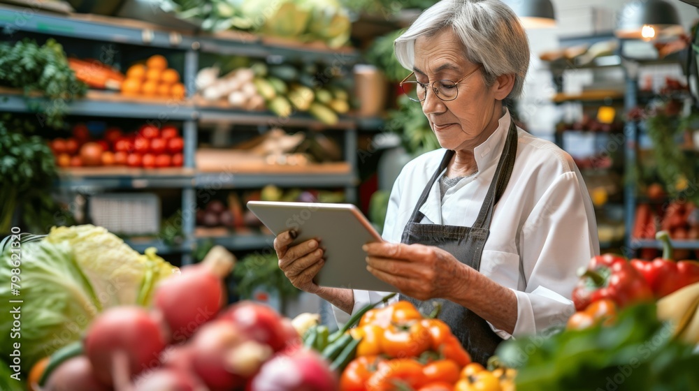 Elderly nutritionist consulting a tablet, encircled by a vibrant selection of fruits and vegetables in a workshop setting