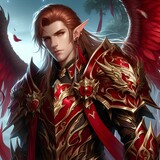 Illustration of a male blood elf fantasy character in red armor.