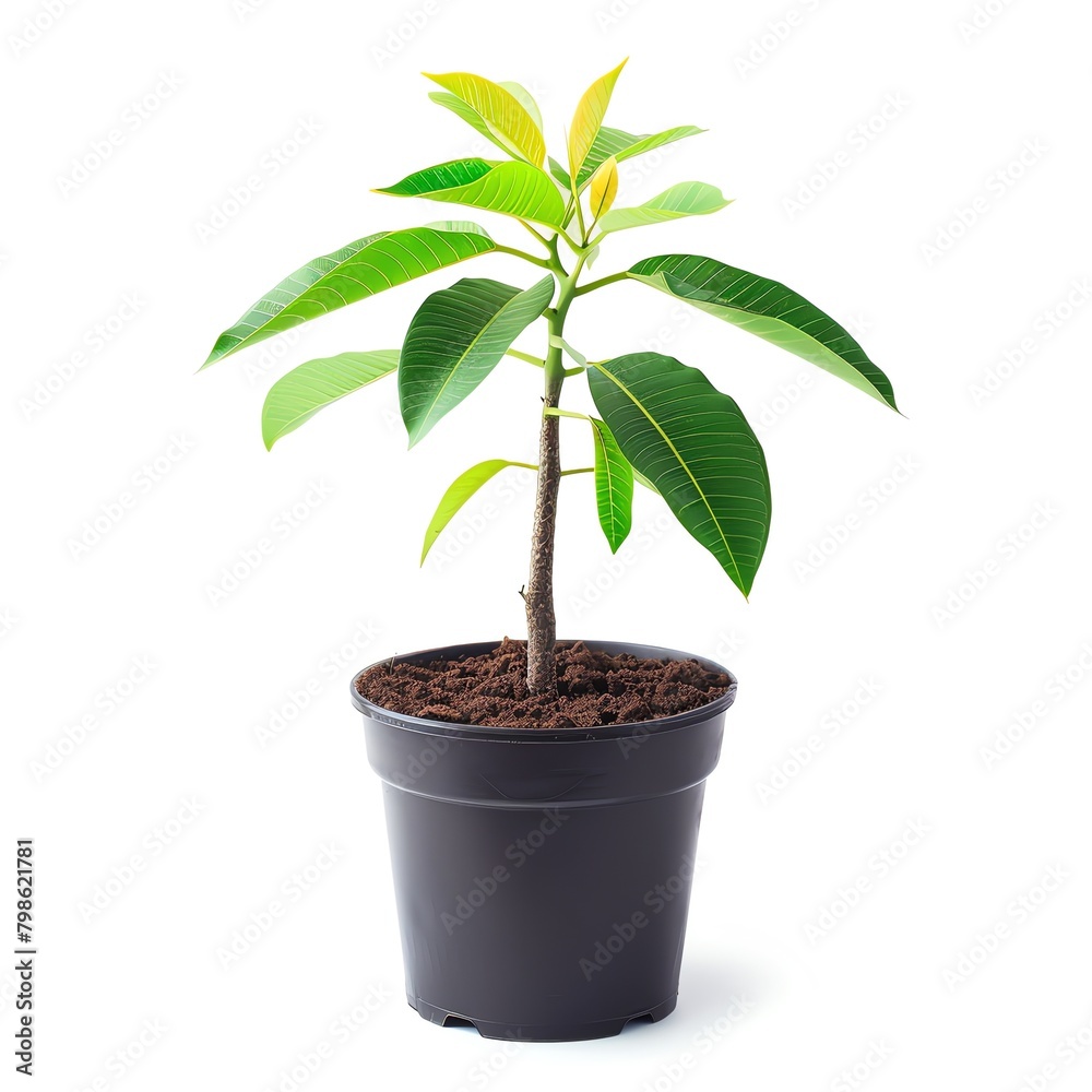 Young mango tree in a pot, isolated on a white background with plenty of copy space, perfect for articles on gardening and cultivation. Young mango tree in a pot, isolated on a white background with plenty of copy space, perfect for articles on gardening and cultivation.