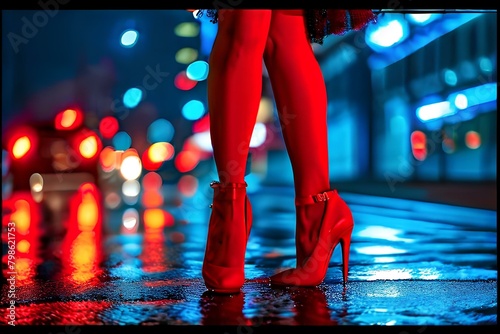 Wallpaper Mural Legs of a beautiful girl wearing red high heels at night and sign glowing. Torontodigital.ca