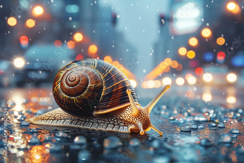 Snail walking on street in the city