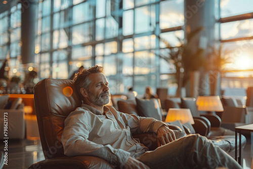 Man is waiting for plane in the VIP lounge of the airport. The concept of comfortable flights and waiting time photo