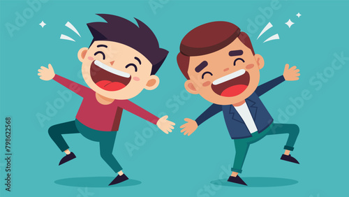 With a mischievous glint in their eyes two friends use exaggerated dance moves to spell out inside jokes and funny memories.. Vector illustration