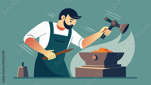 Silversmithing Witness the art of silversmithing as a craftsman uses a hammer and anvil to shape and mold silver into intricate and ornate objects.. Vector illustration photo