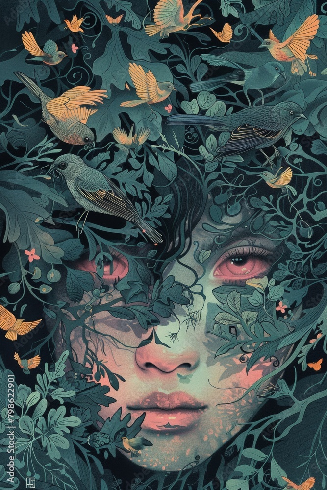 Intricate illustration of a surreal face blended with nature, birds, and floral elements in a dark setting.
