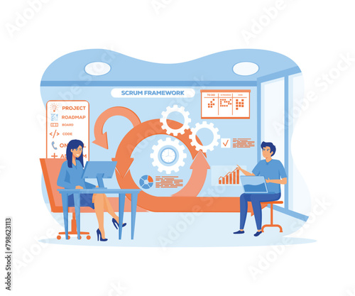 Scrum framework. Software development methodology. Labeled agile software development scheme concept. Task sprint teamwork explanation. Project management work cycle. flat vector modern illustration
