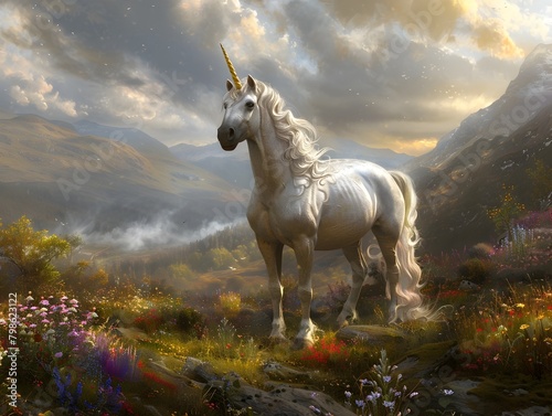 Majestic Unicorn Galloping Through Enchanted Meadow at Magical Sunset in Fantastical Mountainous Landscape