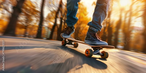 A skateboarder riding on the skateboard.