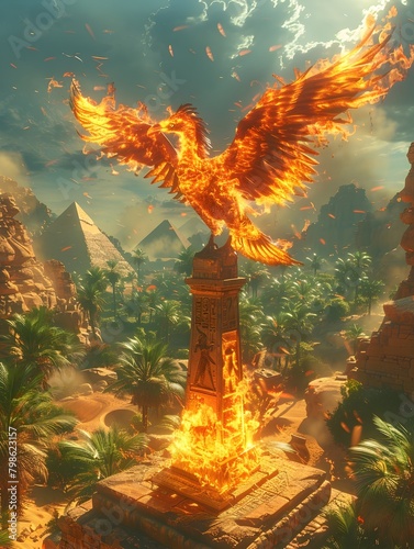 Fiery Phoenix Perched Atop Obelisk in Sprawling Desert Landscape with Pyramids and Palm Trees