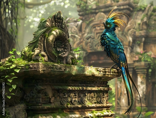 Vibrant Kinaree Bird Alighting on Weathered Stone Altar Amidst Overgrown Ruins of Ancient Thai Temple photo