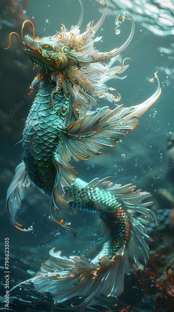 Majestic Makara Creature Breaching Turquoise Waters with Ornate Crocodile like Features and Impressionistic Oceanic Landscape Majestic Makara Creature Breaching Turquoise Waters with Ornate Crocodile like Features and Impressionistic Oceanic Landscape