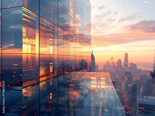 City Skyline Reflected in Glass Skyscrapers During Vibrant Sunset Over Modern Metropolis Cityscape photo