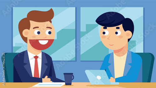 Two colleagues exchanging knowing glances and smirks during a boring meeting silently sharing their amut.. Vector illustration